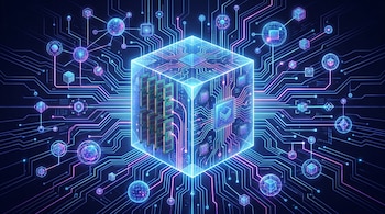 Ilustración abstracta de un cubo translúcido con módulos RAM y circuitos, rodeado por una intrincada red de nodos digitales luminosos y líneas de datos.