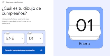 Interfaz digital con opciones para elegir mes y día junto a un calendario ilustrado con la fecha del primero de enero