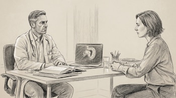 Ilustración en blanco y negro de un médico serio y una paciente sentados en un escritorio, con un portátil mostrando una ilustración del intestino.
