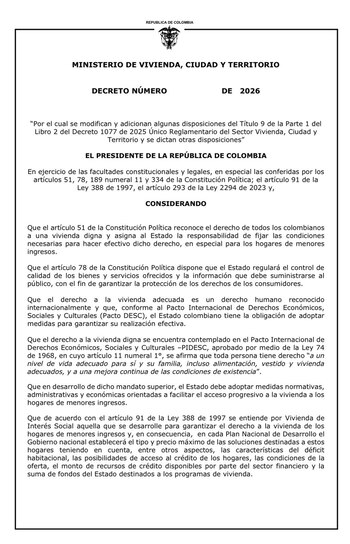 El Ministerio de Vivienda presentó un proyecto de decreto que propone establecer que las VIS y las VIP se comercialicen en pesos y no en salarios mínimos, a partir del momento en que el comprador realiza la separación o firma la promesa de compraventa - crédito Ministerio de Vivienda