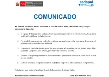 Comunicado Sedapal por corte de