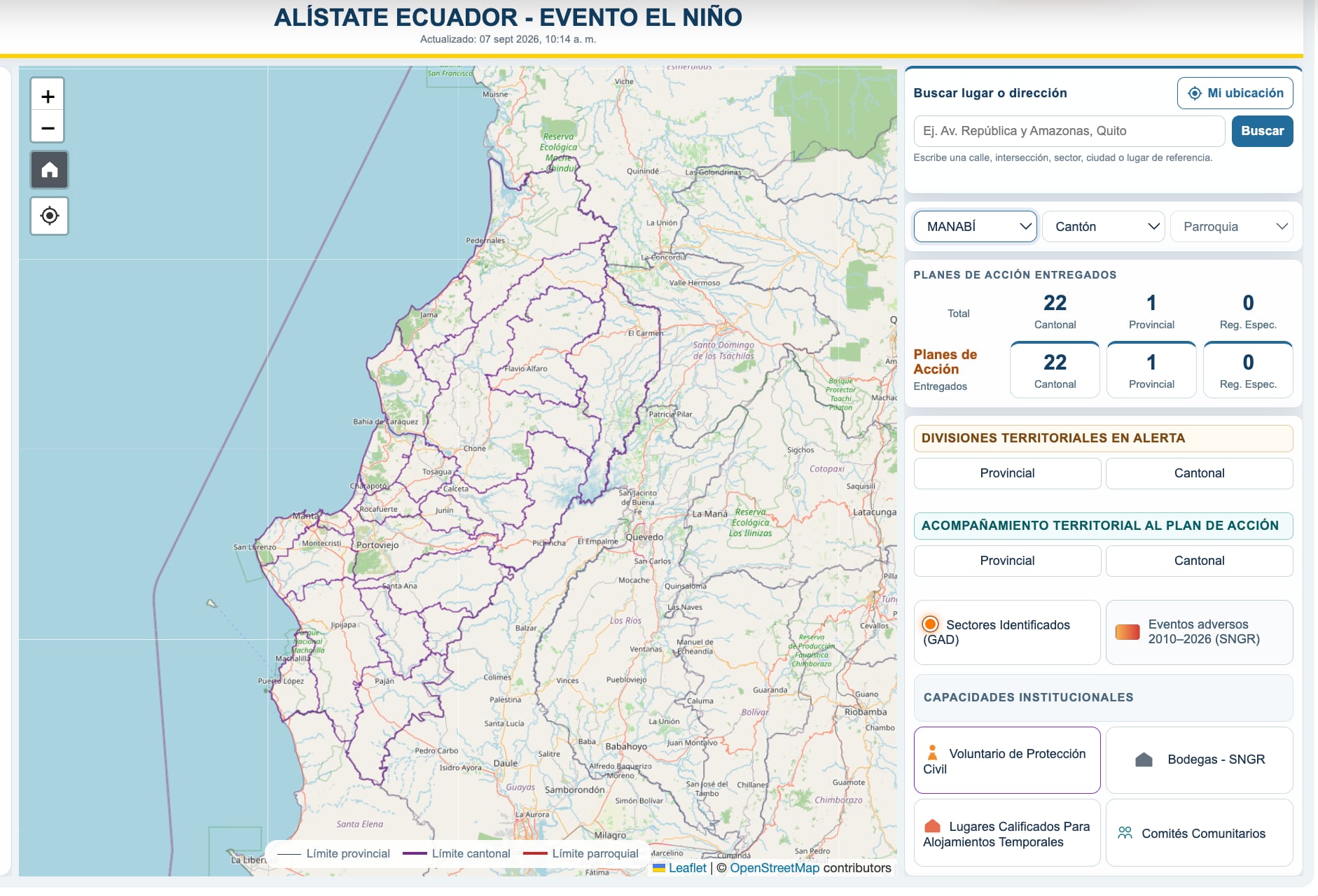 El mapa interactivo habilitado por el gobierno de Ecuador para monitorear las alertas del fenómeno de El Niño.
