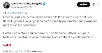 Presidenta de Costa Rica, Laura Fernández, saludó a Keiko Fujimori por su triunfo en la segunda vuelta presidencial. (Foto: X/@laurapresi2026)
