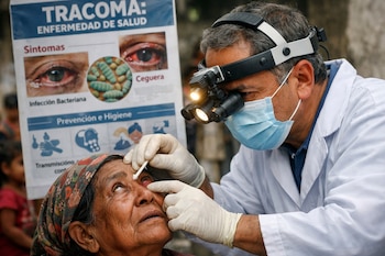 Oftalmólogo con máscara y equipo de iluminación examina el ojo de una mujer mayor con un hisopo. Un cartel sobre el tracoma es visible en el fondo.