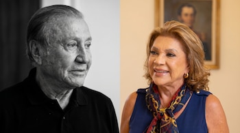 Díptico de dos retratos: a la izquierda, Rodolfo Hernández en blanco y negro, y a la derecha, su esposa Socorro Oliveros a color, ambos mirando hacia el lado derecho.
