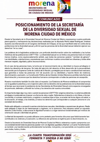 Documento digital con el comunicado oficial de Morena Ciudad de México sobre su posicionamiento en favor de la diversidad sexual y los derechos LGBTTTIQ+