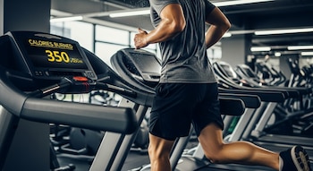 Un hombre sudoroso corre en una cinta de gimnasio, vista desde un ángulo bajo. La pantalla muestra "CALORIES BURNED 350". Hay otras cintas en el fondo.