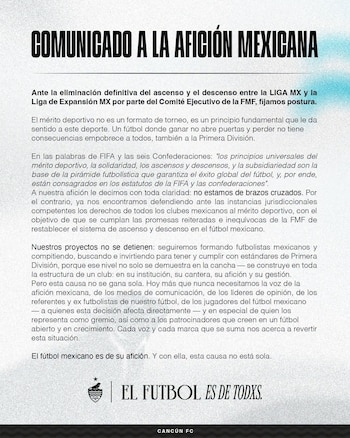 Comunicado Cancún FC Ascenso y Descenso Liga MX