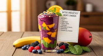 Un batido de frutas en capas (morado, mango, verde) con granola, arándanos y naranja en un vaso, rodeado de frutas frescas y una tarjeta de receta.