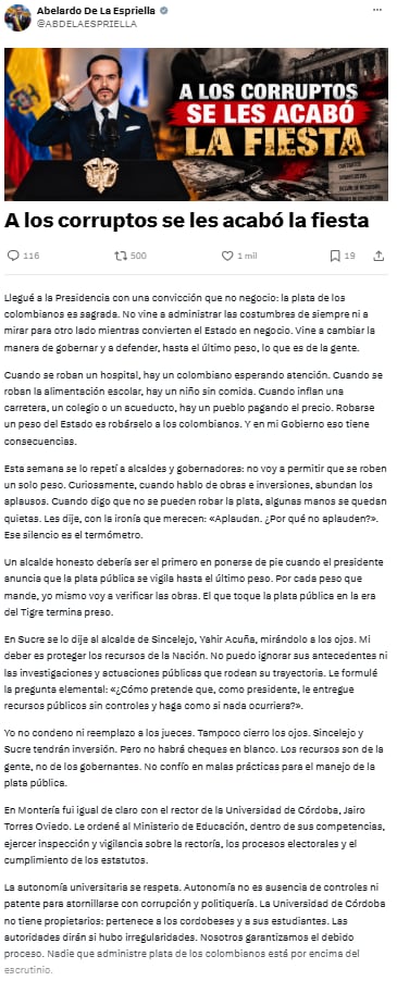 Abelardo de la Espriella anunció auditorías y controles sobre recursos públicos - crédito @ABDELAESPRIELLA/X