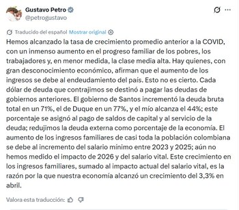 El mandatario respondió a críticos en X y afirmó que el incremento de recursos familiares no proviene de endeudamiento del Estado, mientras defendió que el desempeño reciente se explica por decisiones internas - crédito Captura de pantlla @petrogustavo / X