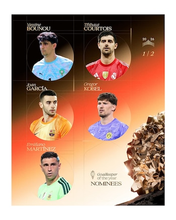Infografía con los rostros de los futbolistas Yassine Bounou, Thibaut Courtois, Joan García, Gregor Kobel y Emiliano Martínez