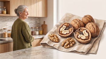 Mujer de perfil en una cocina con armarios de madera y una ilustración de nueces enteras y partidas sobre una tela en primer plano.