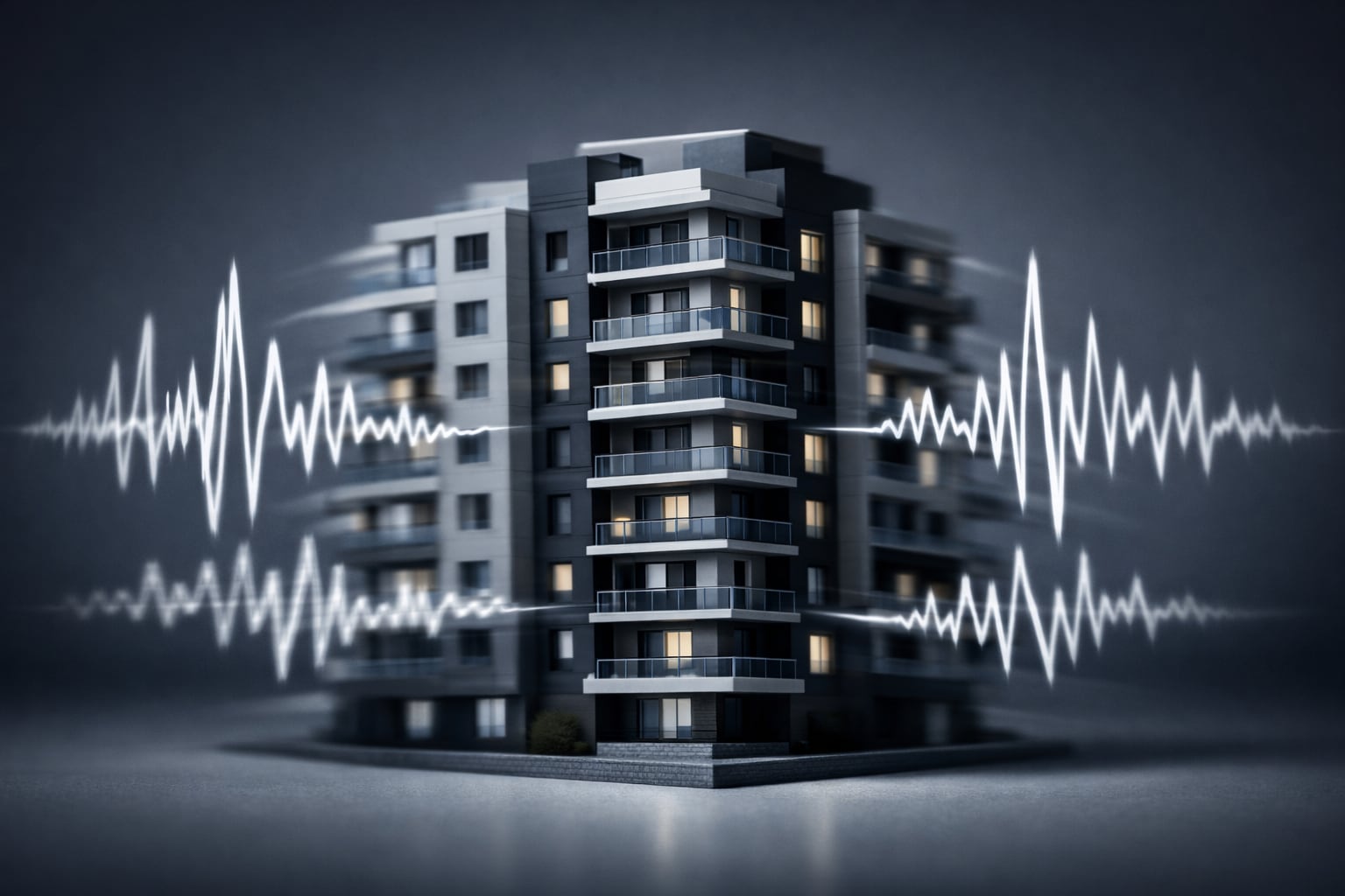 Un edificio de varios pisos con luces encendidas muestra ondas sísmicas que ilustran el concepto de alerta y prevención. (Imagen Ilustrativa Infobae)