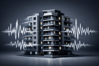 Un modelo arquitectónico de un edificio moderno de varios pisos con balcones y luces encendidas, rodeado por ondas sísmicas blancas sobre un fondo oscuro.