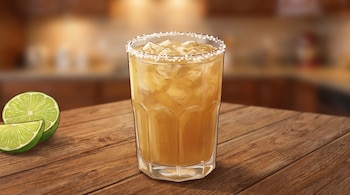Vaso de vidrio lleno de tejuino con cubos de hielo y un borde de sal, sobre una superficie de madera.
