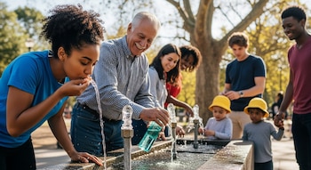 Un grupo diverso de personas, incluyendo niños y adultos, bebiendo y llenando botellas de agua en una fuente pública al aire libre bajo la luz del sol.