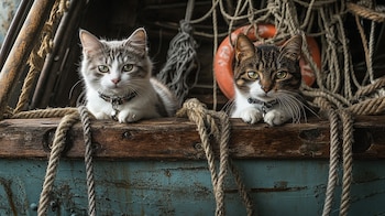 Gatos de casa acostados dentro de un bote viejo de madera, ambiente rústico, mezcla de abandono y calidez felina. – (Imagen Ilustrativa Infobae)