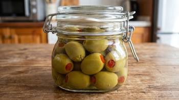 Un primer plano de un frasco de vidrio transparente y herméticamente cerrado, repleto de aceitunas verdes rellenas con trozos de pimientos rojos.