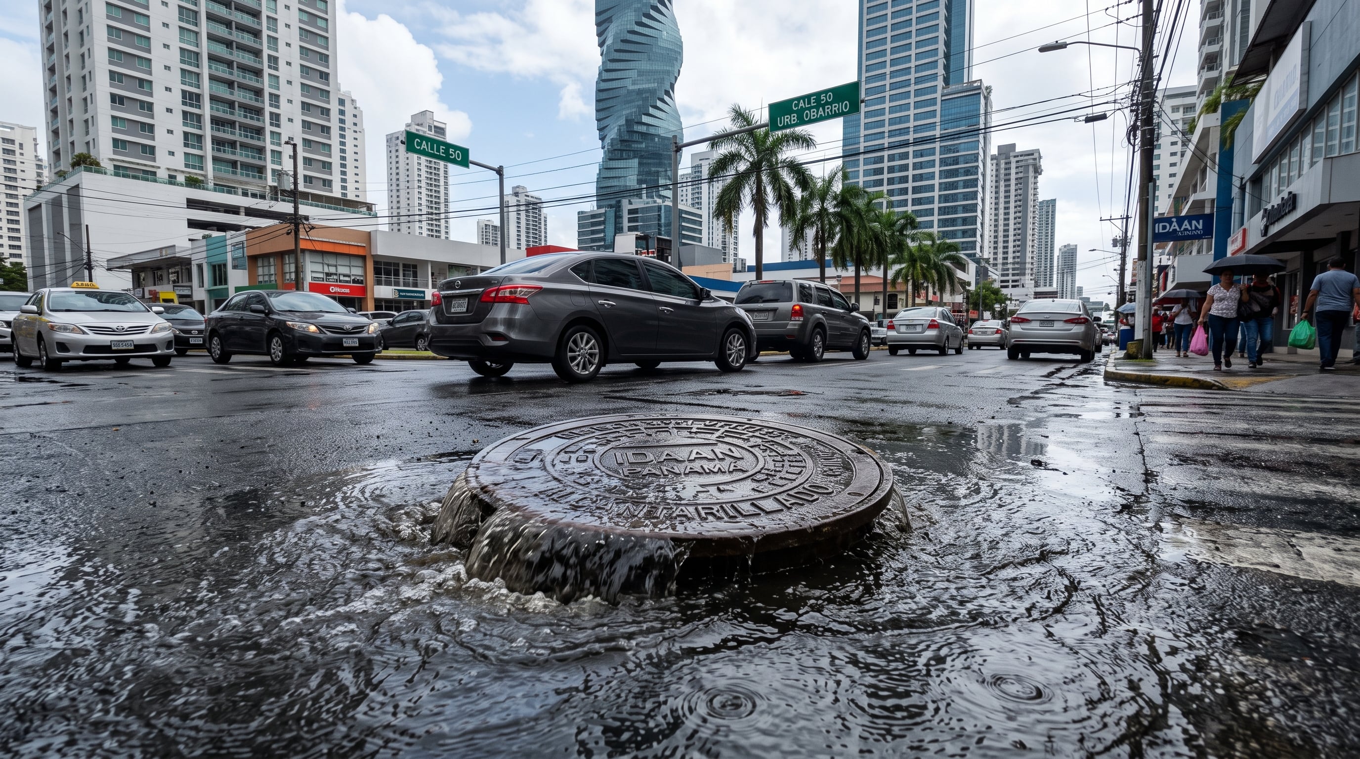 El agua brota de una alcantarilla del IDAAN en la Calle 50 de la urbanización Obarrio mientras los vehículos transitan por el sector comercial de la ciudad de Panamá. (Imagen Ilustrativa Infobae)