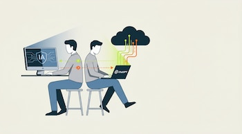 Ilustración plana de dos personas sentadas: una usa un PC con logo 'IA' y la otra un portátil con ChatGPT enviando datos a una nube oscura, con flechas entre ambos.