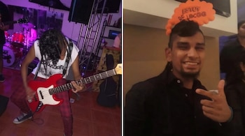 Imagen dividida en dos: a la izquierda, una persona toca un bajo rojo; a la derecha, un hombre sonríe con un cartel naranja en la cabeza.