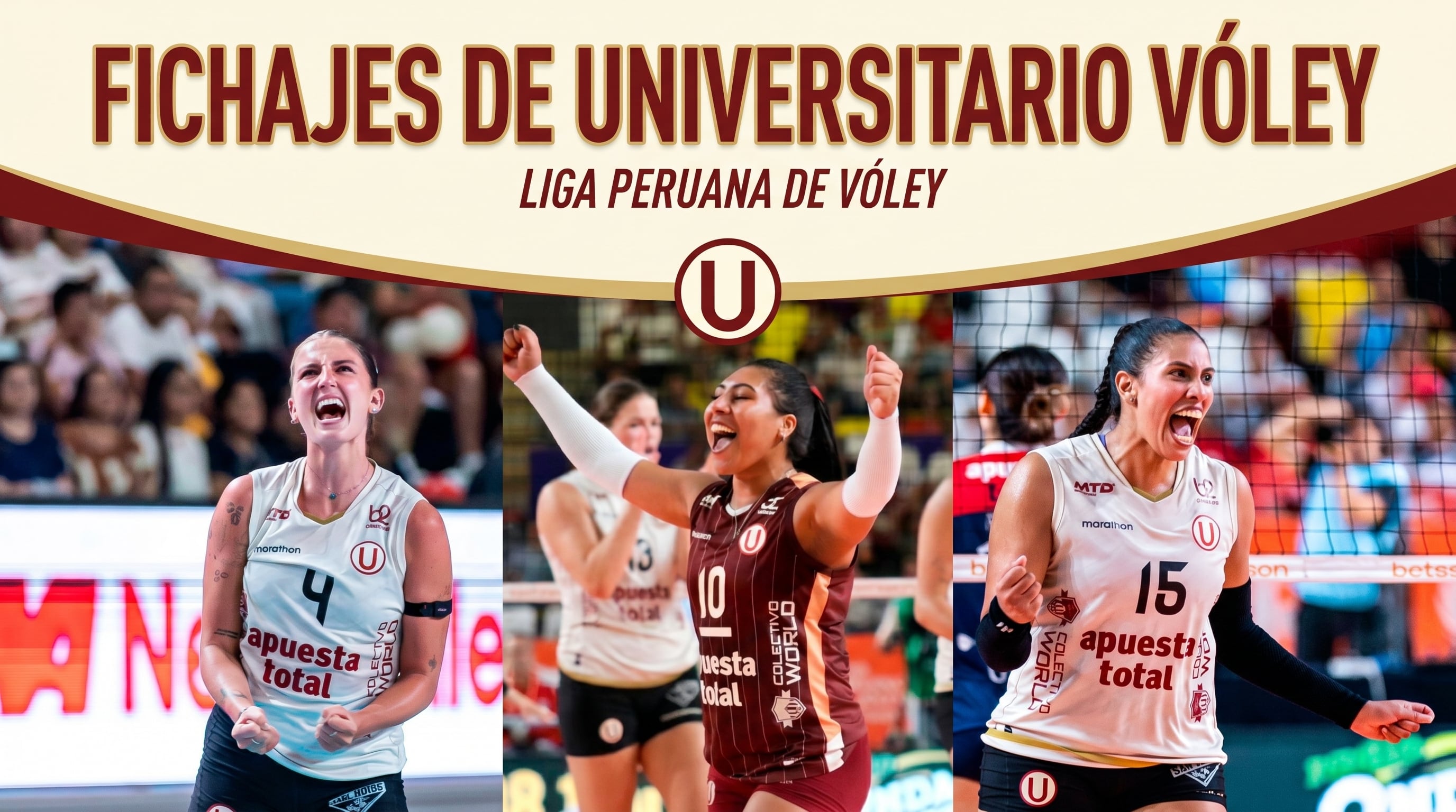 A foto mostra o anúncio oficial da contratação da seleção universitária de vôlei feminino para a Liga Peruana de Voleibol, com três jogadoras com camisas comemorativas. (Foto da Infobae)