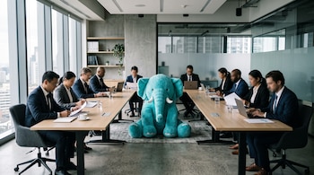 Ejecutivos en traje sentados ante mesas de madera con computadoras y documentos, junto a un elefante de peluche turquesa en el centro.