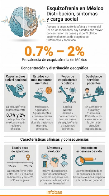 Infografía sobre esquizofrenia en México con cerebro y mapa del país, porcentajes de prevalencia, mapas estatales y gráficos de edad, síntomas y esperanza de vida.