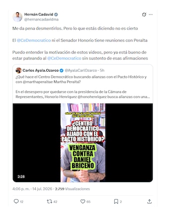 Hernán Cadavid rechazó que estén buscando votos del Pacto Histórico