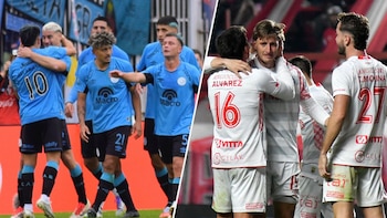 Imagen dividida muestra a la izquierda futbolistas de camiseta celeste y pantalón negro, y a la derecha futbolistas de camiseta blanca y pantalón blanco