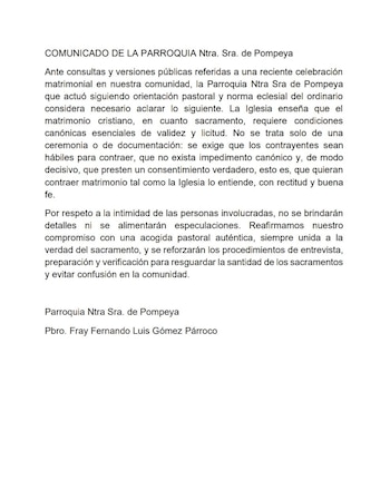El comunicado de la parroquia