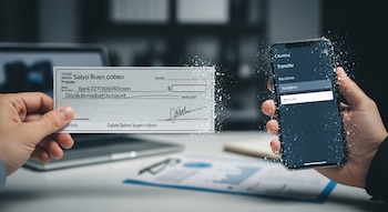 Una mano sostiene un cheque bancario y otra un teléfono móvil con una aplicación de transferencias; al fondo, un ordenador portátil y documentos en una mesa.