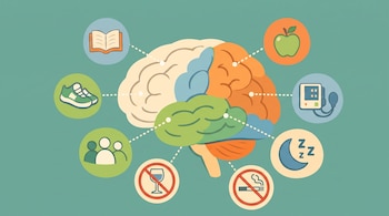 Ilustración de un cerebro humano rodeado por ocho iconos: un libro, zapatillas, grupo de personas, copa de vino tachada, cigarrillo tachado, luna, tensiómetro, manzana.