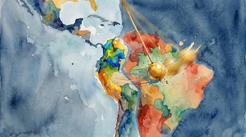 Acuarela de un mapa de América del Sur y Centroamérica con masas terrestres vibrantes y océanos azules. Un péndulo dorado se balancea sobre Brasil, mostrando un efecto de desenfoque.