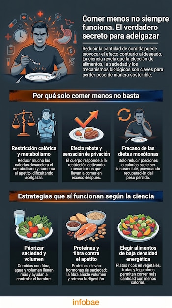 Infografía: un hombre frustrado con poca comida. Gráficos detallan errores de dietas restrictivas y soluciones con platos de vegetales, proteínas y ensaladas variadas.
