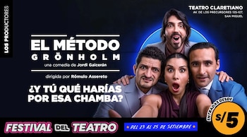 Cartel publicitario con el título El Método Grönholm, imágenes de cuatro actores con expresiones faciales marcadas y texto promocional