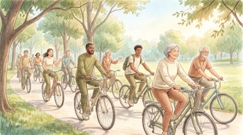 Ilustración de un grupo diverso de personas, jóvenes, adultos y mayores, andando en bicicleta por un sendero rodeado de árboles y césped bajo un cielo azul claro.
