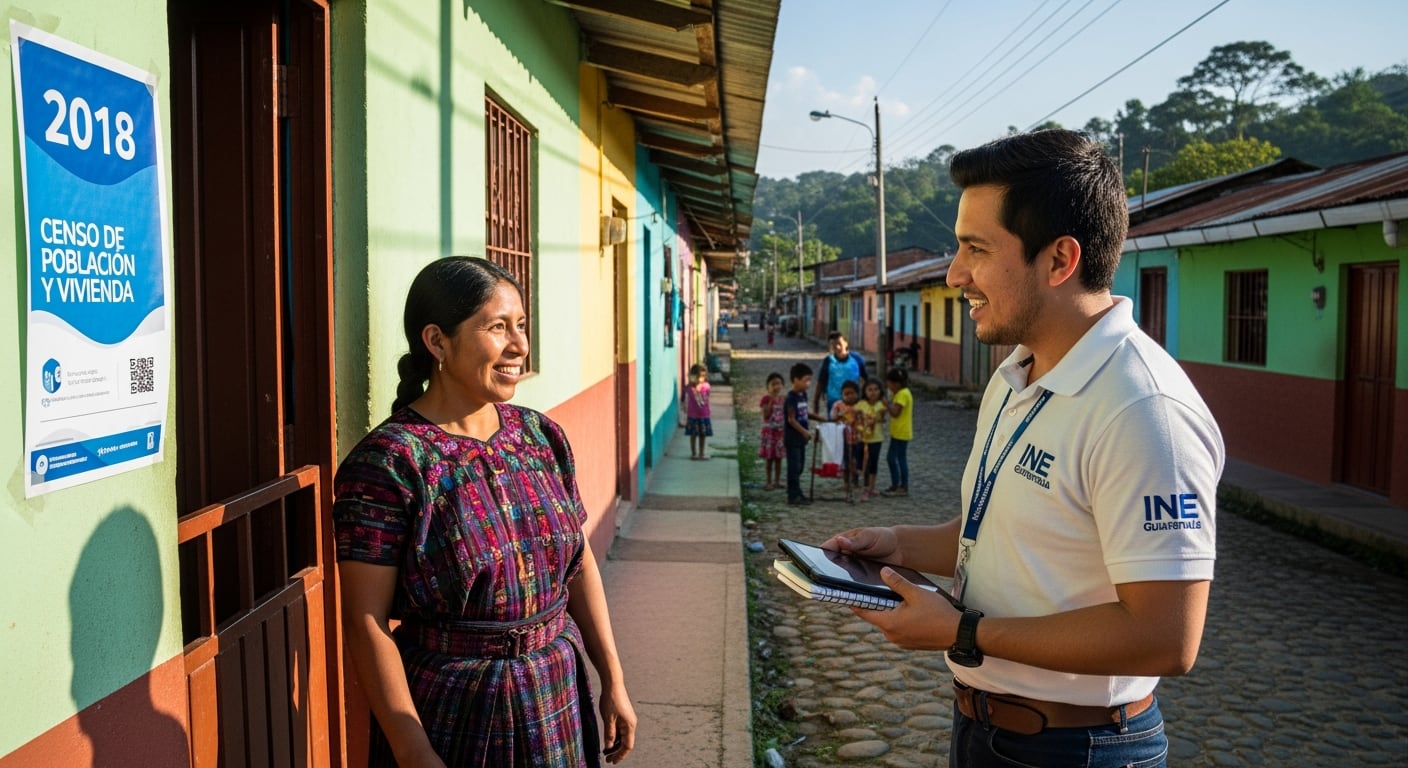Un empadronador del INE Guatemala conversa con una mujer en una comunidad durante el Censo de Población y Vivienda 2018, con un póster informativo visible en la pared. (Imagen Ilustrativa Infobae)