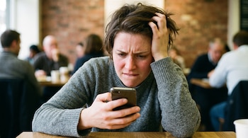 Una persona con suéter gris mira la pantalla de su teléfono móvil mientras sostiene su cabeza sentado a una mesa en un local.