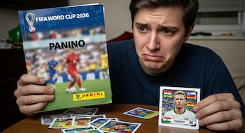 Hombre joven con expresión triste y ceño fruncido sostiene un álbum "FIFA World Cup 2026 PANINO" y una estampa de futbolista, con otras estampas en la mesa.