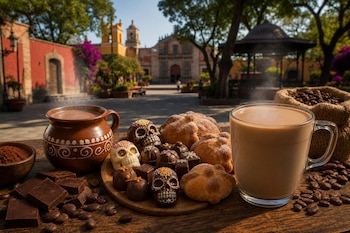 Pan de muerto, calaveras de chocolate, granos de café y tazas con bebidas humeantes sobre una mesa frente a una iglesia colonial.