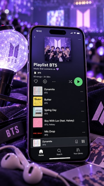 Un teléfono móvil con una lista de canciones de BTS junto a un bastón de luz con el logotipo del grupo, auriculares y tarjetas