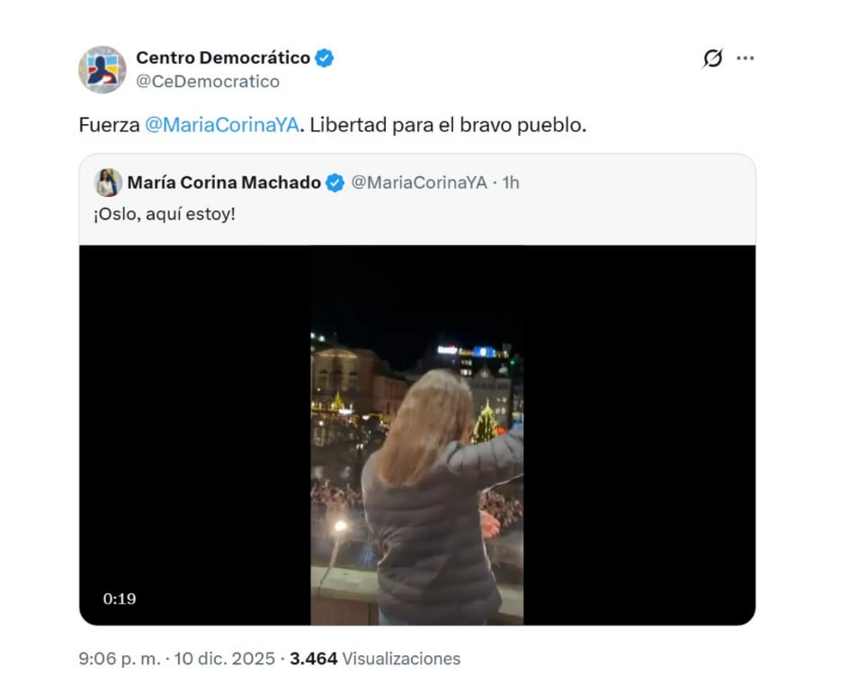 El partido Centro Democrático, liderado por Álvaro Uribe Vélez, mostró su apoyo a la opositora venezolana tras su reaparición en Oslo - crédito @CeDemocratico/X