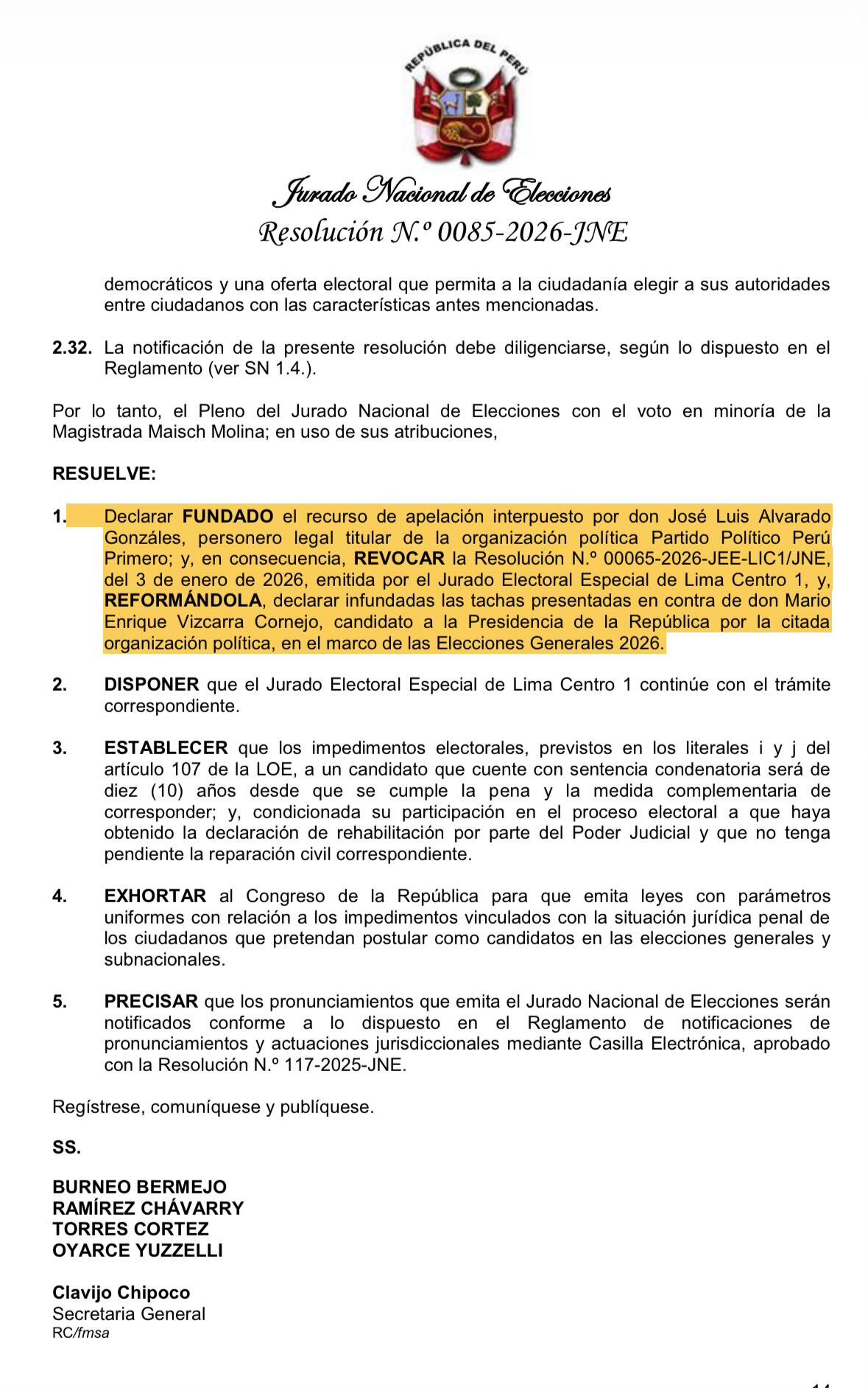 Resolución del JNE que regresa a Mario Vizcarra a la carrera por la Presidencia