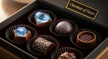 Vista cercana de una caja abierta de bombones negros con forro de terciopelo. Contiene seis chocolates variados, incluyendo dos con forma de gema azul brillante y otros con adornos.