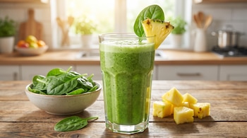 Un vaso de licuado verde con una rodaja de piña y una hoja de espinaca, un bol con espinacas y trozos de piña en una mesa de madera.