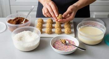 Manos forman una trufa sobre una tabla, junto a cuencos de cacao, coco rallado, granas de colores y leche condensada en una mesada.