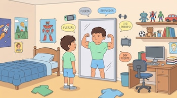 Niño frente a un espejo en su habitación. El reflejo del niño es musculoso con burbujas de texto. Se ven una cama, un escritorio, juguetes, afiches y ropa.