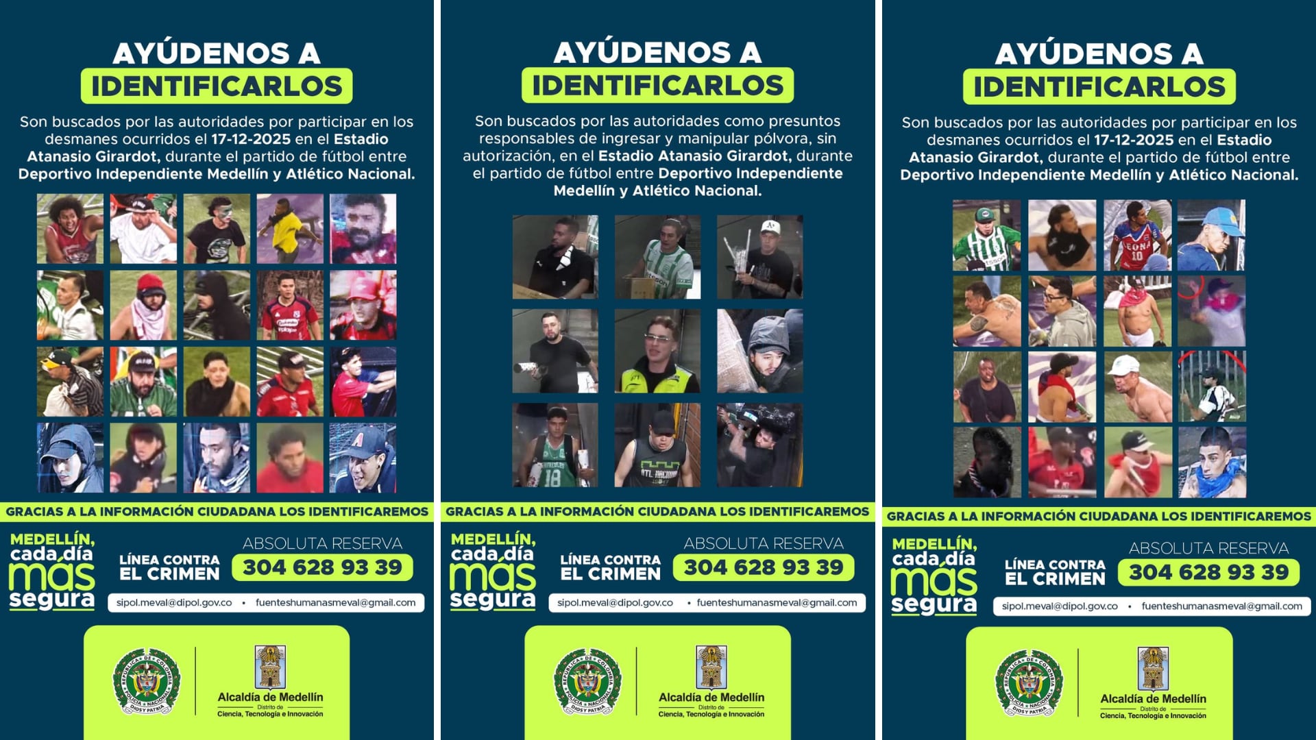 Responsables de los desmanes y la manipulación indebida de pólvora en el estadio Atanasio Girardot, final de la Copa BetPlay 2025 - crédito Alcaldía de Medellín